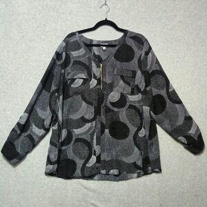 AVENUE Womens Size 22 24 Black Gray Zip Front Blouse Lightweight Long Sleeve Top